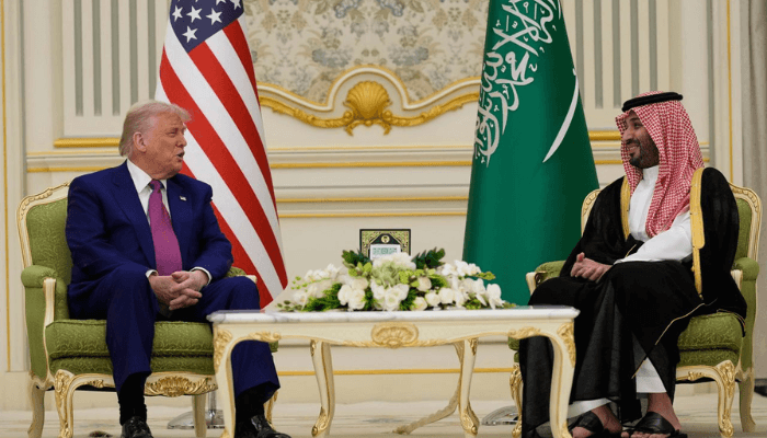 President Donald Trump and Saudi Crown Prince Mohammed bin Salman speak during a meeting at the Royal Palace in Riyadh, Saudi Arabia, on Tuesday. Alex Brandon/AP
