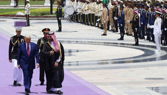 US President Donald Trump walks with Saudi Crown Prince Mohammed bin Salman during an official state arrival ceremony at the Saudi Royal Court in Riyadh, Saudi Arabia, on Monday. Win McNamee/Getty Images