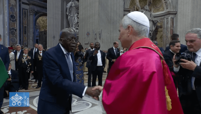 President Tinubu shake hands with Pope Leo xiv, credit Vatican media