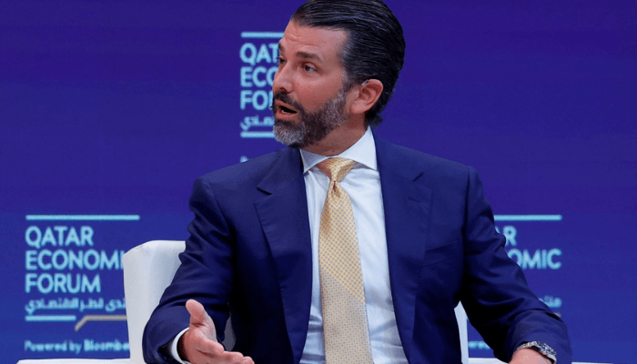 Donald Trump Jr. speaks during a session in the Qatar Economic Forum in Doha on May 21, 2025. (Photo by Karim JAAFAR / AFP)