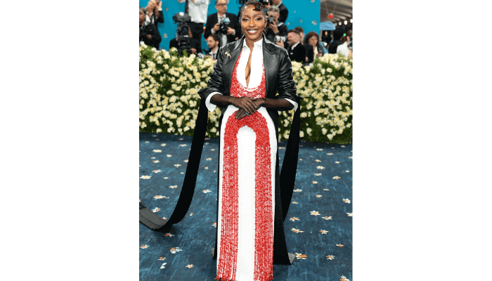 Ayo Edebiri’s custom Ferragamo dress inspired by traditional Edo attire from Nigeria, Dia Dipasupil//Getty Images