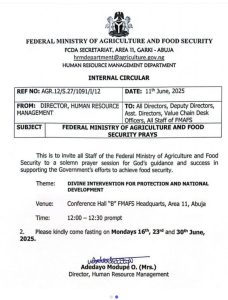 Ministry of agriculture and food security three day fast 