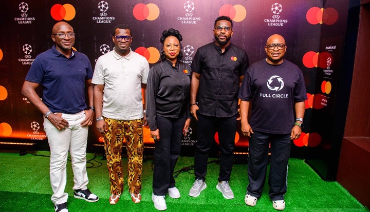 L-R: Akeem Lawal, managing director, Purepay at Interswitch Group; Elliott Sangoleye, group head, business and digital services, Providus Bank; Dr. Folasade Femi-Lawal, country manager and area business head, West Africa, Mastercard; Joseph Yobo, ex-Super Eagles player, and Ajibade Laolu-Adewale, chairman, committee of e-business industry heads (CeBIH), at the Mastercard UEFA Finals Live Viewing held in Lagos, recently. Pic by Olawale Amoo