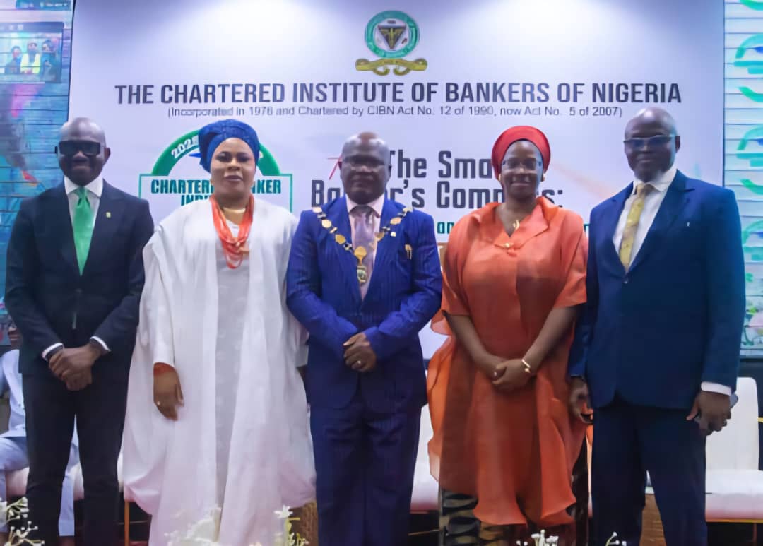 L-R: Akin Morakinyo, registrar/CEO, CIBN; Ada Chukwudozie, chairman, Keystone Bank; Pius Deji Olanrewaju, president/chairman of Council, CIBN; Jameelah Sharrieff-Ayedun, managing director/CEO, Credit Registry; and Alhassan Abdulkarim, executive director, Jaiz Bank Plc, during the CIBN Chartered Bankers Induction and Prize Awards Ceremony held in Lagos on Saturday