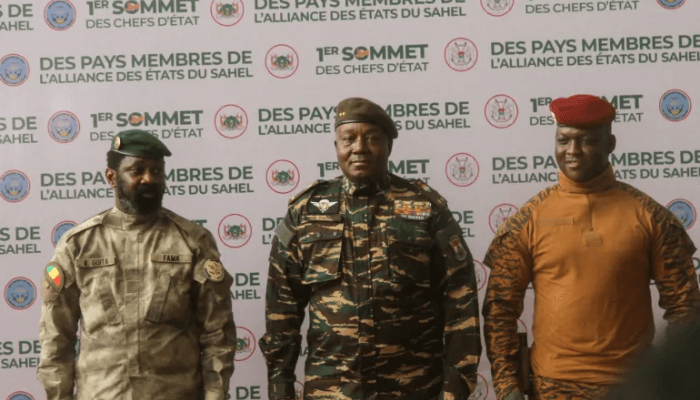 From left, the heads of state of the three countries: Mali's Assimi Goita, Niger's General Abdourahamane Tchiani and Burkina Faso's Captain Ibrahim Traore [File: Mahamadou Hamidou/Reuters]