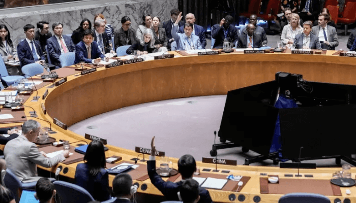 UN Security Council members vote on a resolution by Russia and China to delay by six months the reimposition of sanctions on Iran during the 80th UN General Assembly in New York, September 26, 2025 [Eduardo Munoz/Reuters]