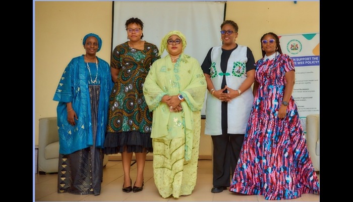 The Dev-Afrique team and the Honourable Commissioner for Women Affairs and Social Development, after a successful Policy Sensitization Workshop in Kaduna State on July 22, 2025. L-R: Khadijah Abdullahi, Associate, Dev-Afrique Development Advisors; Sainaan Dati, Project Manager, Dev-Afrique Development Advisors; Hajiya Rabi Salisu, Honourable Commissioner, Ministry of Women Affairs & Social Development; Hansatu Adegbite, Senior Advisor and WEE Specialist, Dev-Afrique Development Advisors, Folasade Rojugbokan, Implementation Lead, Dev-Afrique Development Advisors